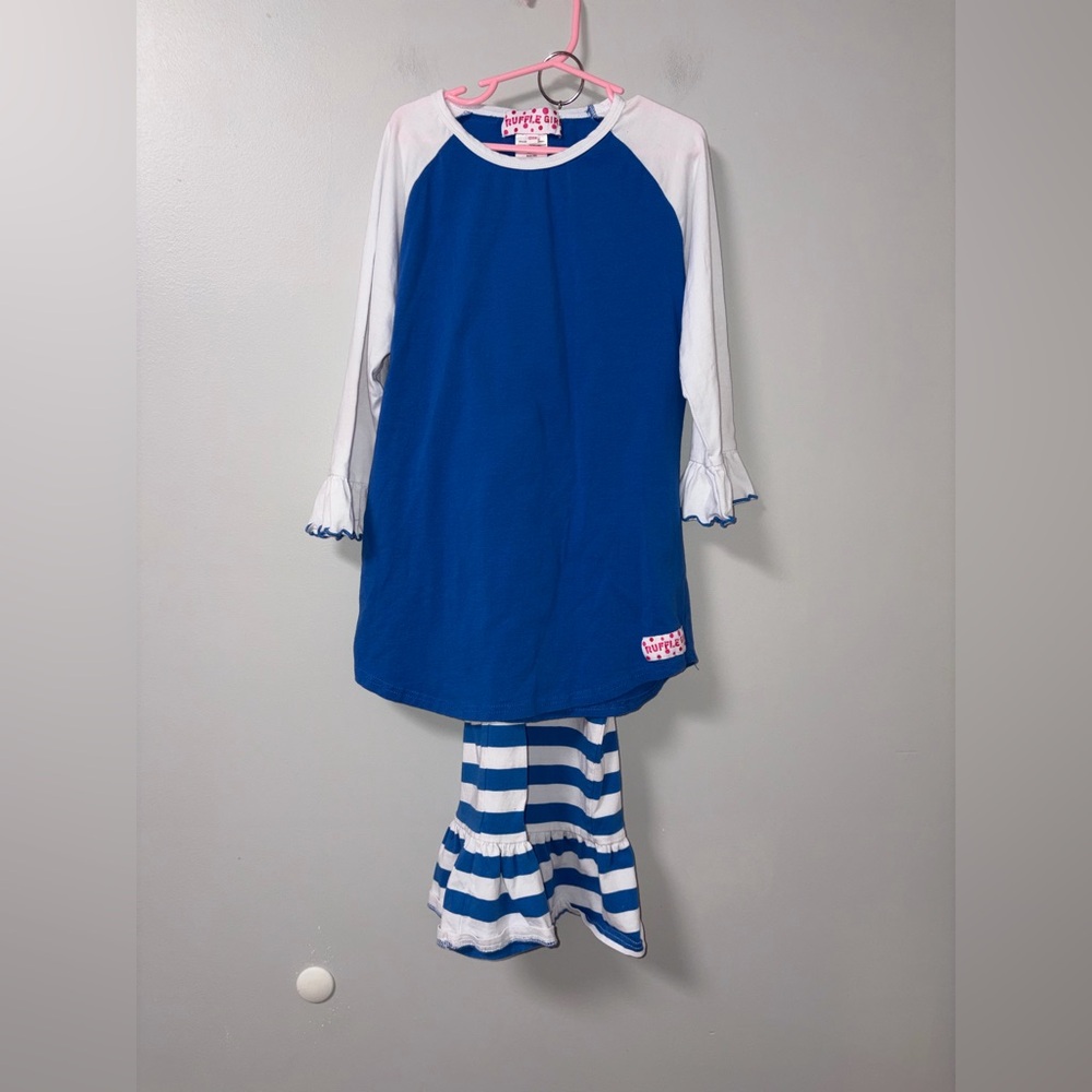 Ruffle Girl blue white striped sporty girl set‎ ruffles wide leg girls 12/14